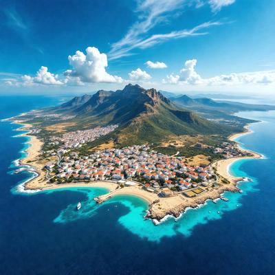 The primary subject of the image is a large island with a city on it. The island is surrounded by a beautiful blue ocean, and it is located near a mountain. The setting is a picturesque coastal scene with a cityscape in the background. The visual style of the image is a photo, capturing the vibrant colors and natural beauty of the island and its surroundings. The colors and mood of the image are lively and inviting, with the blue ocean and the green island creating a serene and idyllic atmosphere.